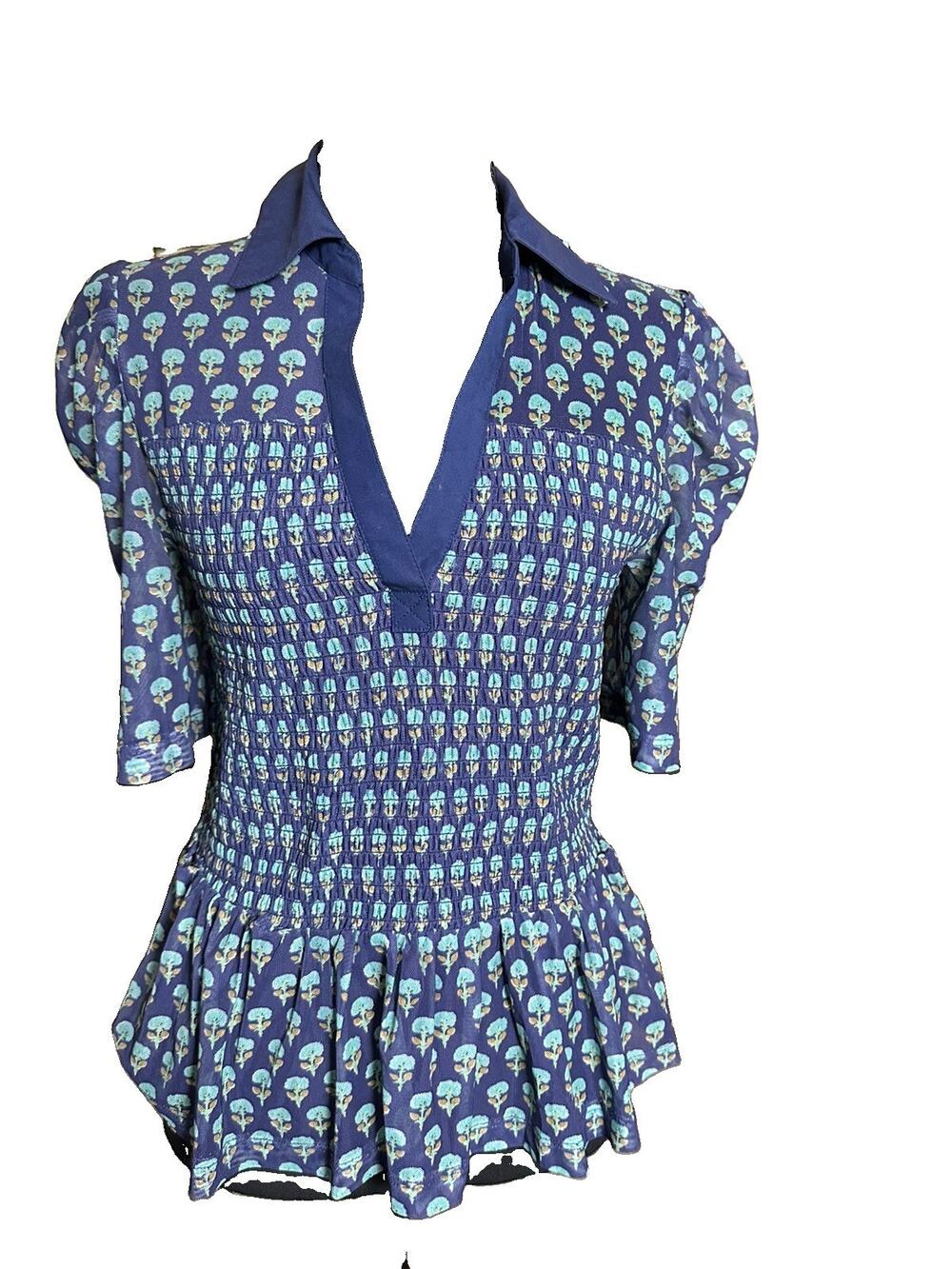 Anthropologie M Maeve Short Sleeve Smocked Polo Top Blue Green Floral Geometric